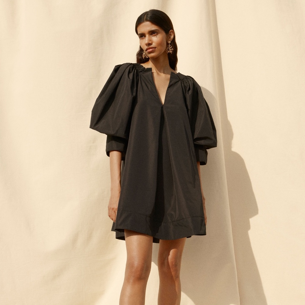 H&M Conscious Exclusive Voluminous Tunic Dress Black Taffeta Size EUR 34 / XXS